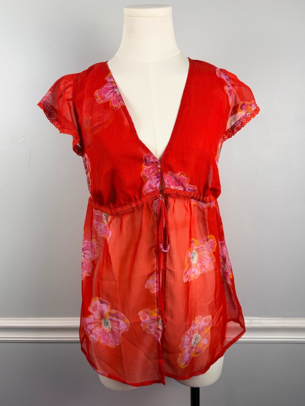 Free People Red Floral Sheer tie babydoll top size XS